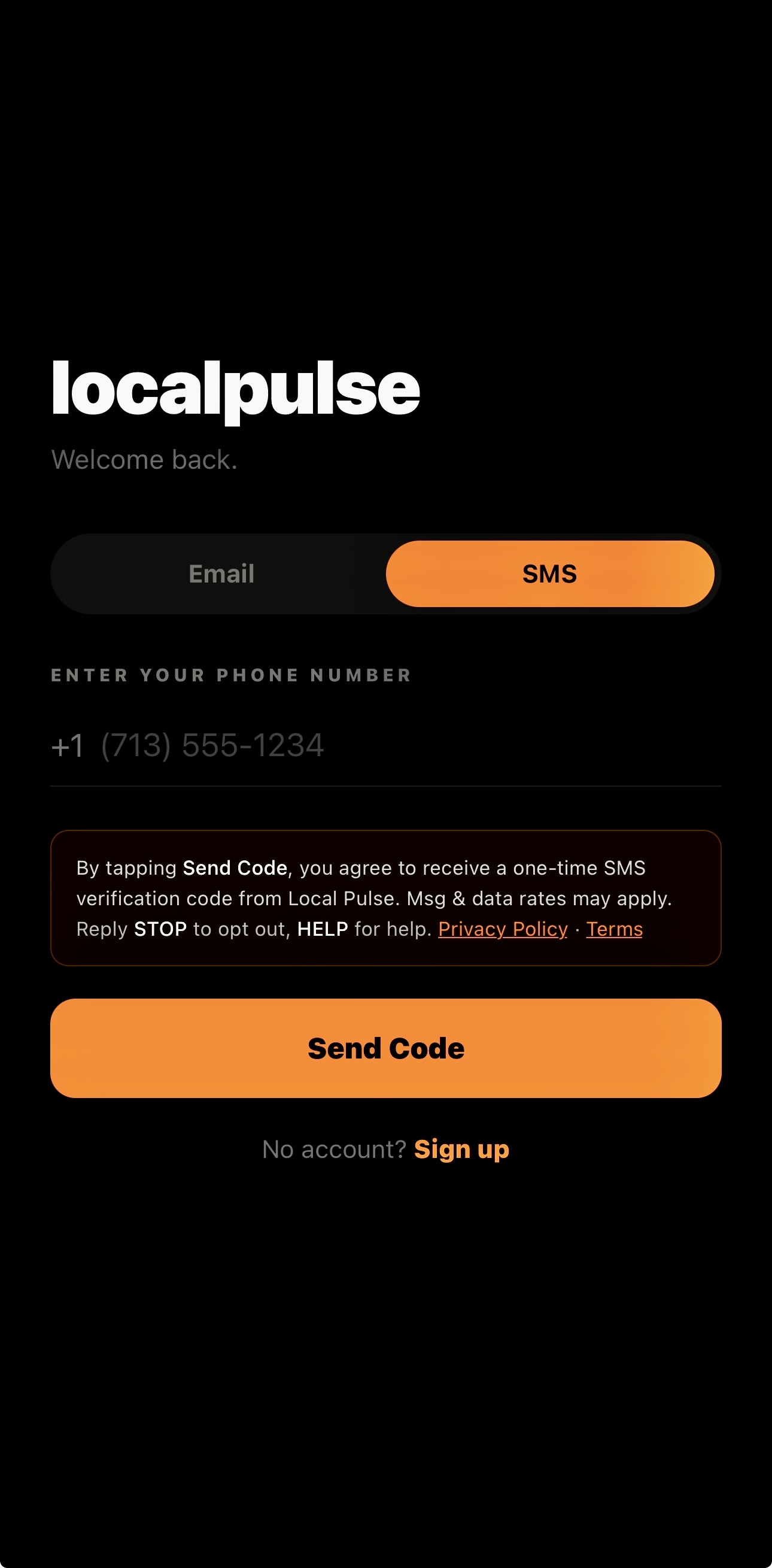 Local Pulse sign-in screen showing SMS consent disclosure directly above the Send Code button
